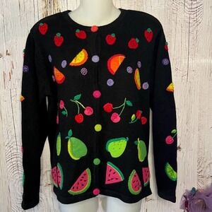 Vintage Rare Talbots Black Cardigan Bright Embroidered Fruit Size Small